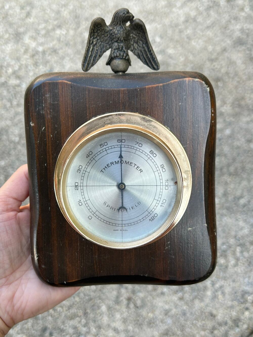 Vintage wooden & Metal Thermometer w Eagle Made in USA Springfield Instrument Co